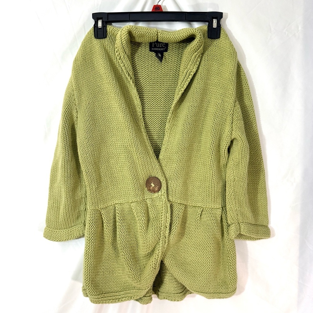 Pure Handknit Beautiful Green 3/4 Sleeve Cropped Peplum Style Cardigan Size L/XL